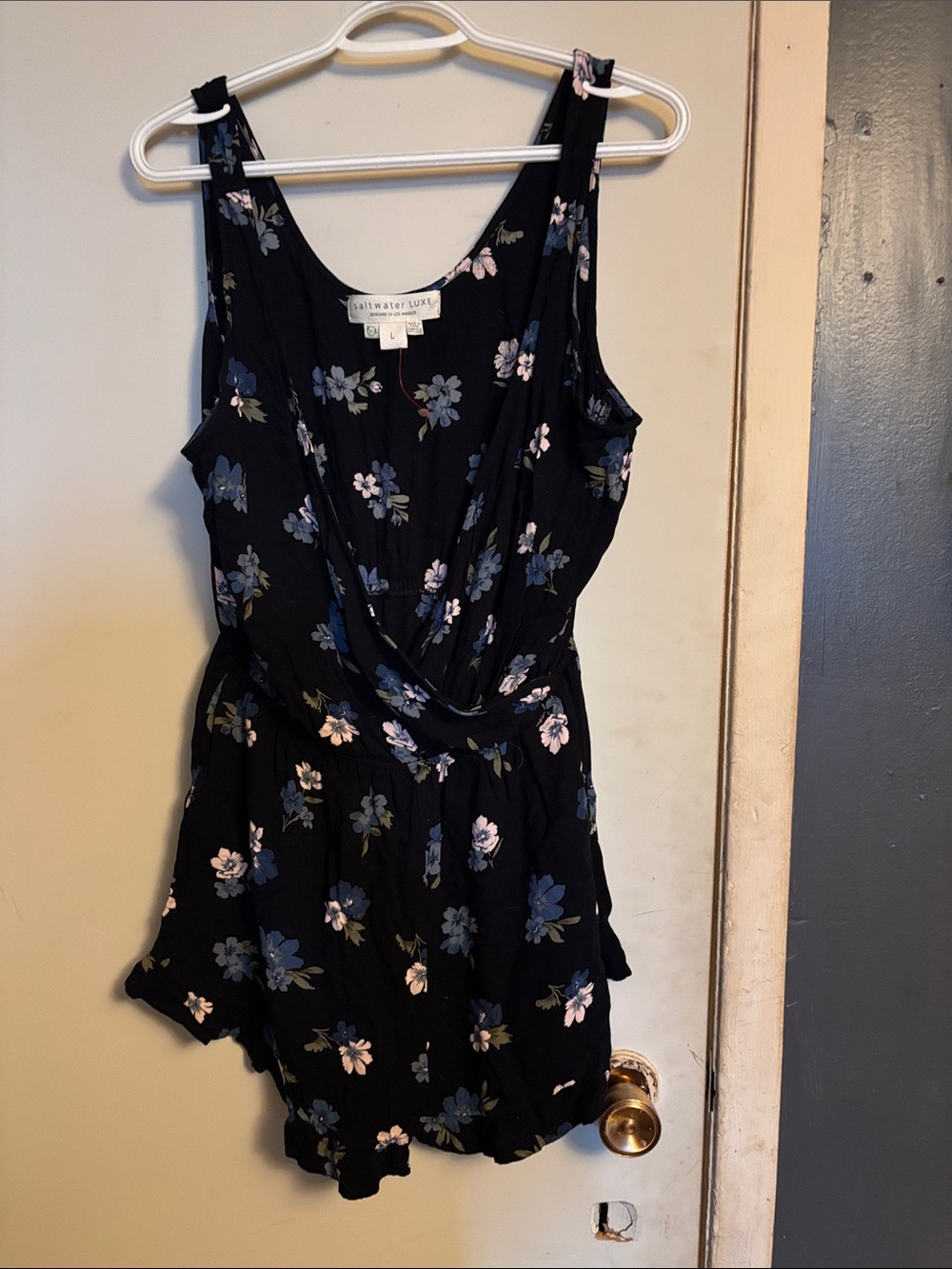 saltwater LUXE Black Floral Wrap Romper with Blue and Pink Blooms